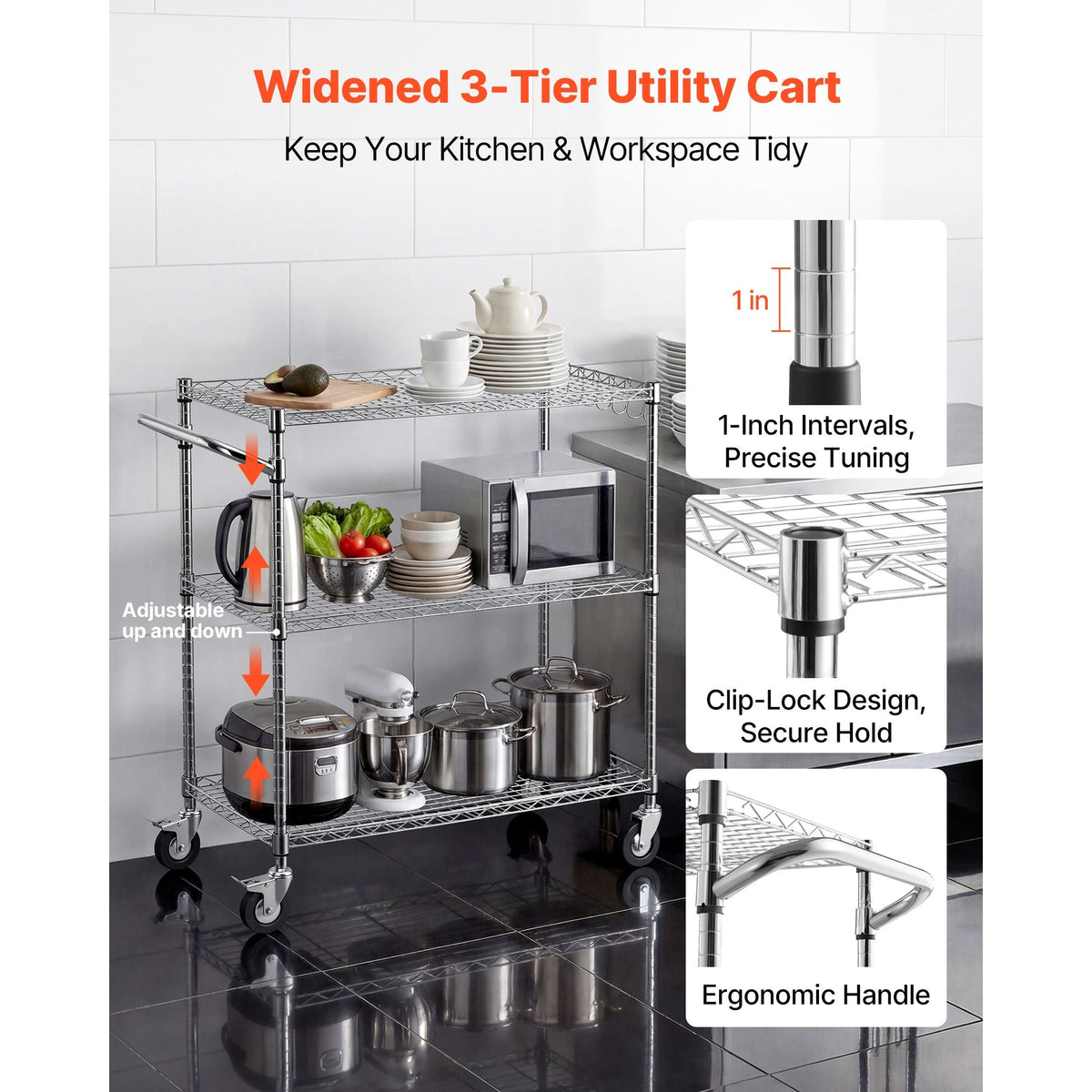 Kitchen Utility Cart, 3 Tier Heavy Duty Adjustable Wire Storage Rack, Commercial Steel Rolling Service Trolley on Wheels, Work Table with Handle Bar, for Garage and Laundry Room, 35x17.8x40.9 in