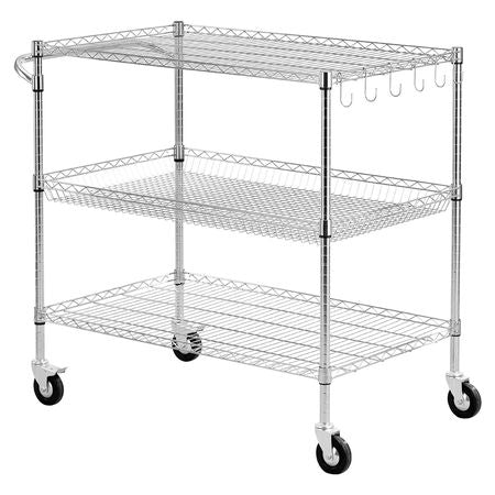 Kitchen Utility Cart, 3 Tier Heavy Duty Adjustable Wire Storage Rack, Commercial Steel Rolling Service Trolley on Wheels, Work Table with Handle Bar, for Garage and Laundry Room, 40x25x40.9 in