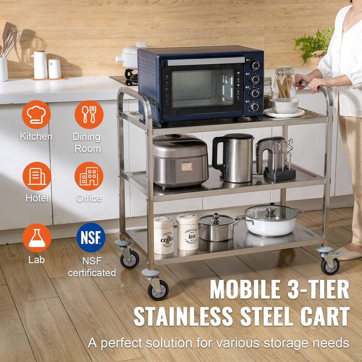 Kitchen Utility Cart, 3 Tiers, Wire Rolling Cart with 450LBS Capacity, Steel Service Cart on Wheels, Metal Storage Trolley with 80mm Basket Curved Handle PP Liner 6 Hooks, for Indoor and Outdoor