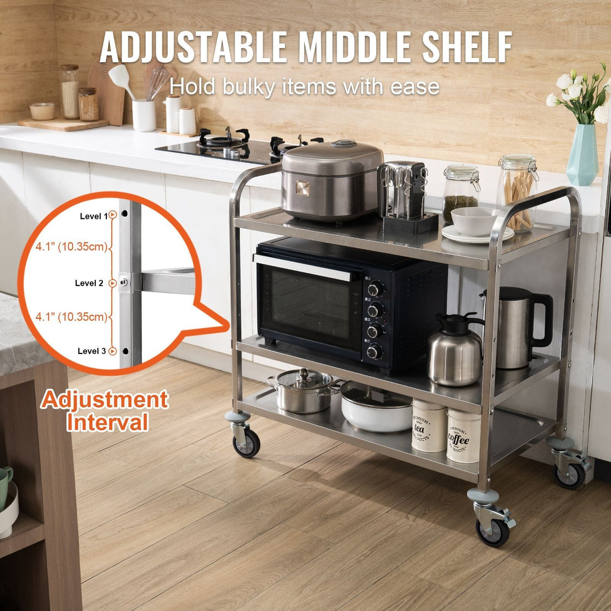 Kitchen Utility Cart, 3 Tiers, Wire Rolling Cart with 450LBS Capacity, Steel Service Cart on Wheels, Metal Storage Trolley with 80mm Basket Curved Handle PP Liner 6 Hooks, for Indoor and Outdoor