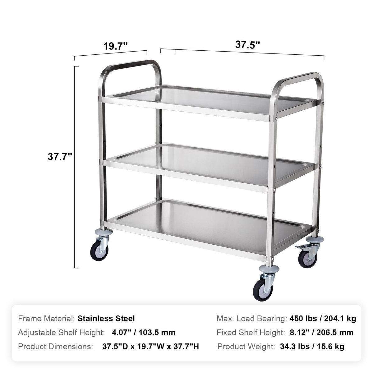 Kitchen Utility Cart, 3 Tiers, Wire Rolling Cart with 450LBS Capacity, Steel Service Cart on Wheels, Metal Storage Trolley with 80mm Basket Curved Handle PP Liner 6 Hooks, for Indoor and Outdoor