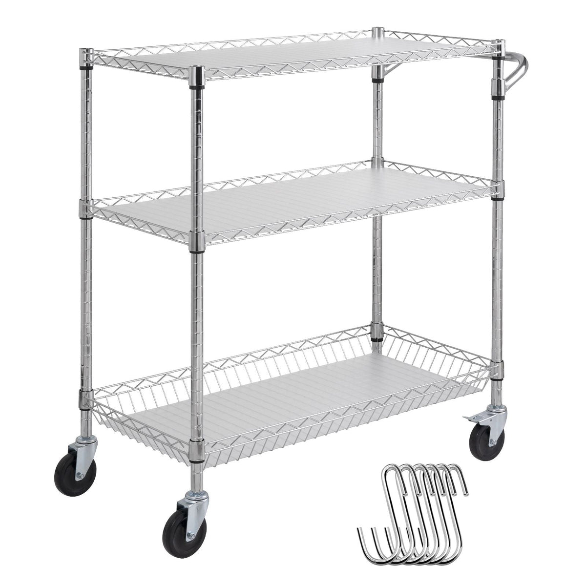 Kitchen Utility Cart, 3 Tiers, Wire Rolling Cart with 661LBS Capacity, Steel Service Cart on Wheels, Metal Storage Trolley with 80mm Basket Curved Handle PP Liner 6 Hooks, for Indoor and Outdoor