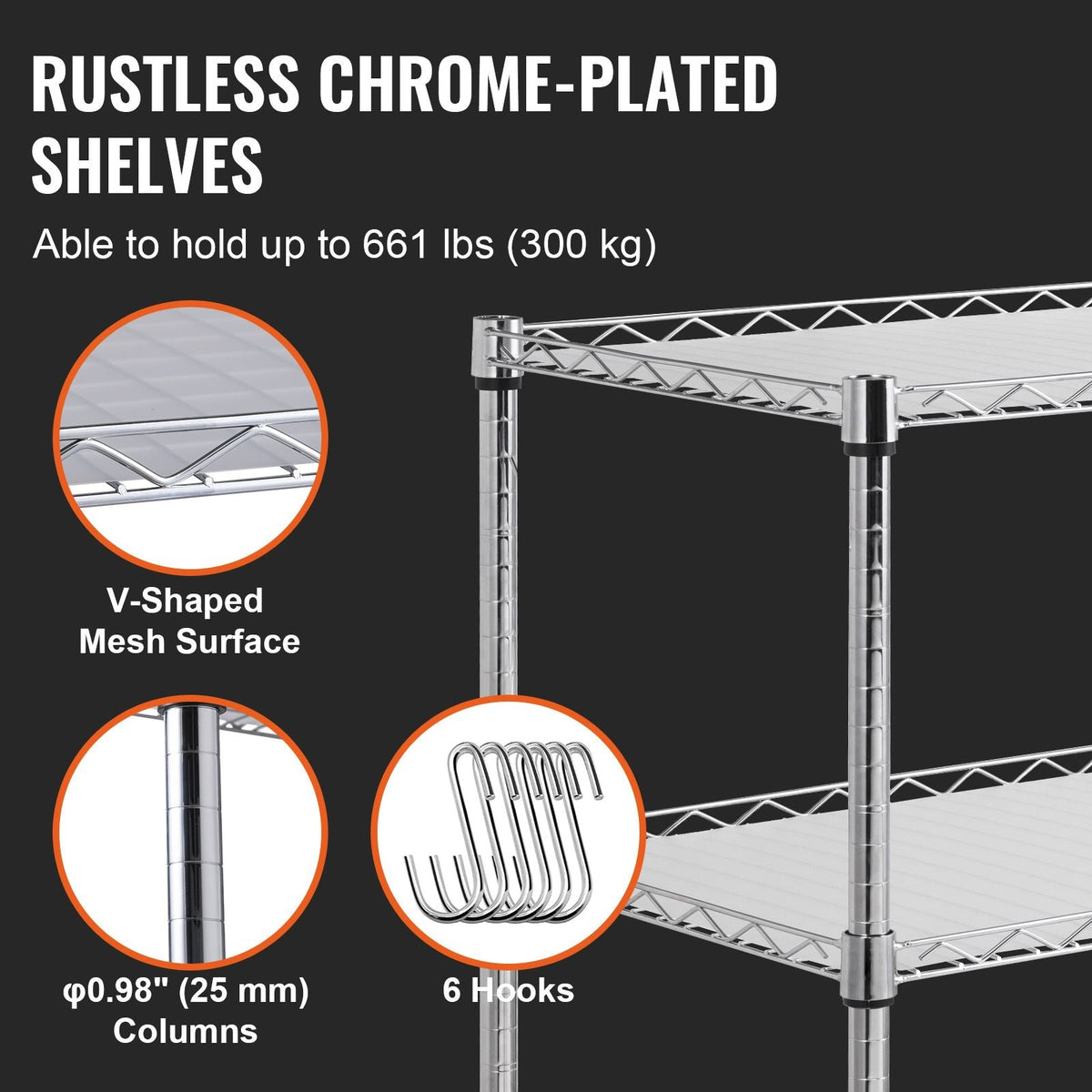 Kitchen Utility Cart, 3 Tiers, Wire Rolling Cart with 661LBS Capacity, Steel Service Cart on Wheels, Metal Storage Trolley with 80mm Basket Curved Handle PP Liner 6 Hooks, for Indoor and Outdoor