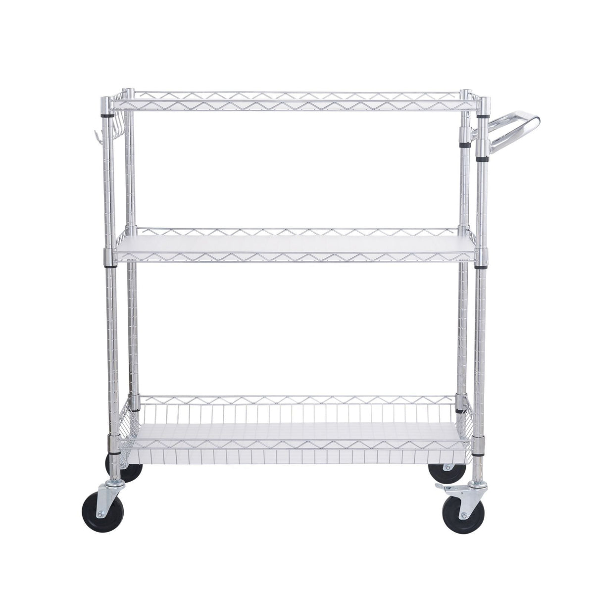 Kitchen Utility Cart, 3 Tiers, Wire Rolling Cart with 661LBS Capacity, Steel Service Cart on Wheels, Metal Storage Trolley with 80mm Basket Curved Handle PP Liner 6 Hooks, for Indoor and Outdoor