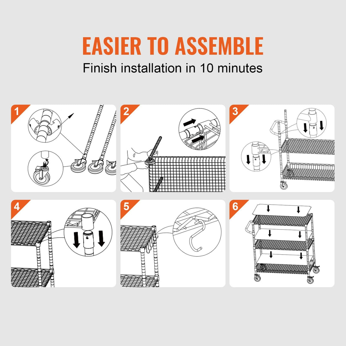 Kitchen Utility Cart, 3 Tiers, Wire Rolling Cart with 661LBS Capacity, Steel Service Cart on Wheels, Metal Storage Trolley with 80mm Basket Curved Handle PP Liner 6 Hooks, for Indoor and Outdoor