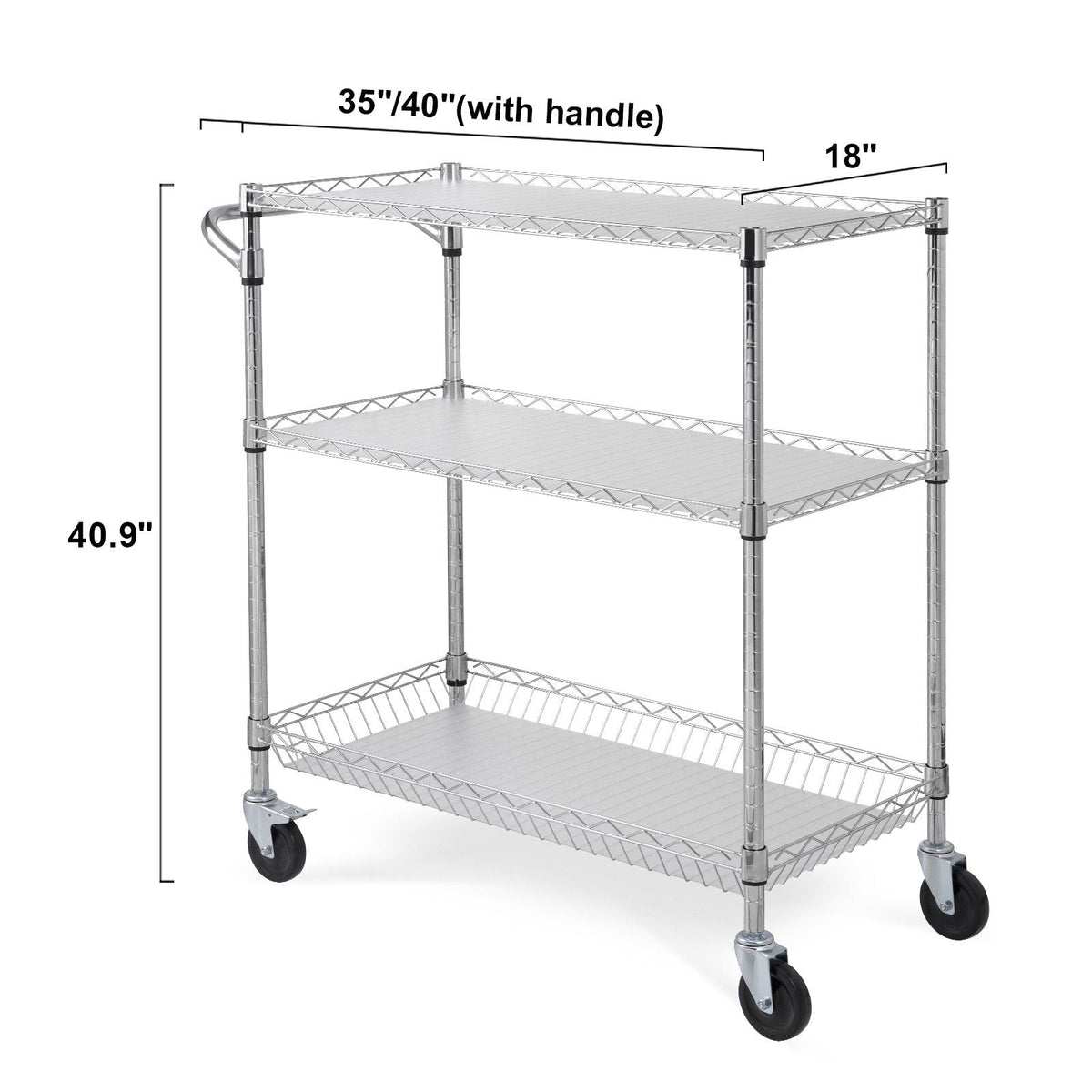 Kitchen Utility Cart, 3 Tiers, Wire Rolling Cart with 661LBS Capacity, Steel Service Cart on Wheels, Metal Storage Trolley with 80mm Basket Curved Handle PP Liner 6 Hooks, for Indoor and Outdoor