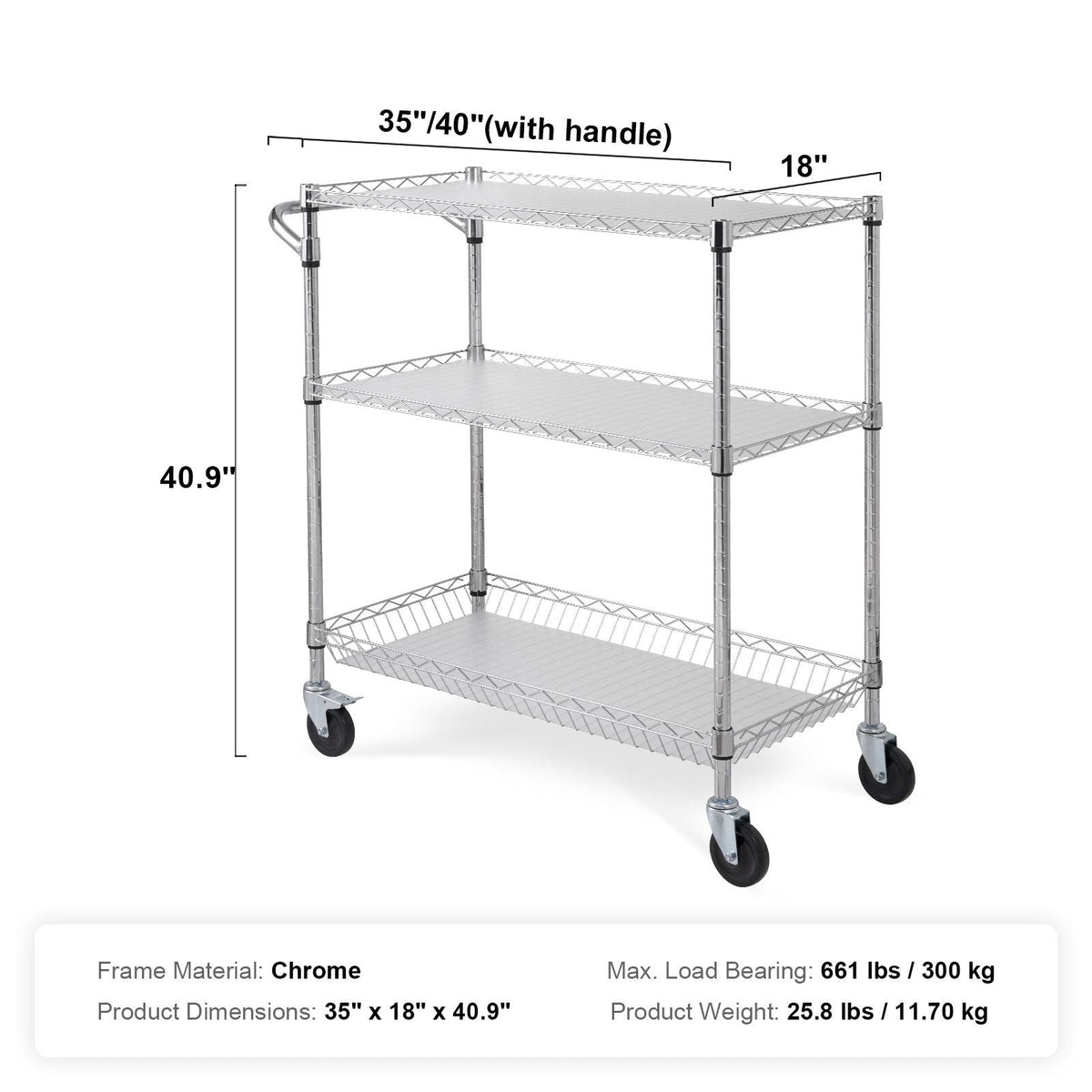 Kitchen Utility Cart, 3 Tiers, Wire Rolling Cart with 661LBS Capacity, Steel Service Cart on Wheels, Metal Storage Trolley with 80mm Basket Curved Handle PP Liner 6 Hooks, for Indoor and Outdoor