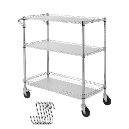 Kitchen Utility Cart, 3 Tiers, Wire Rolling Cart with 661LBS Capacity, Steel Service Cart on Wheels, Metal Storage Trolley with 80mm Basket Curved Handle PP Liner 6 Hooks, for Indoor and Outdoor
