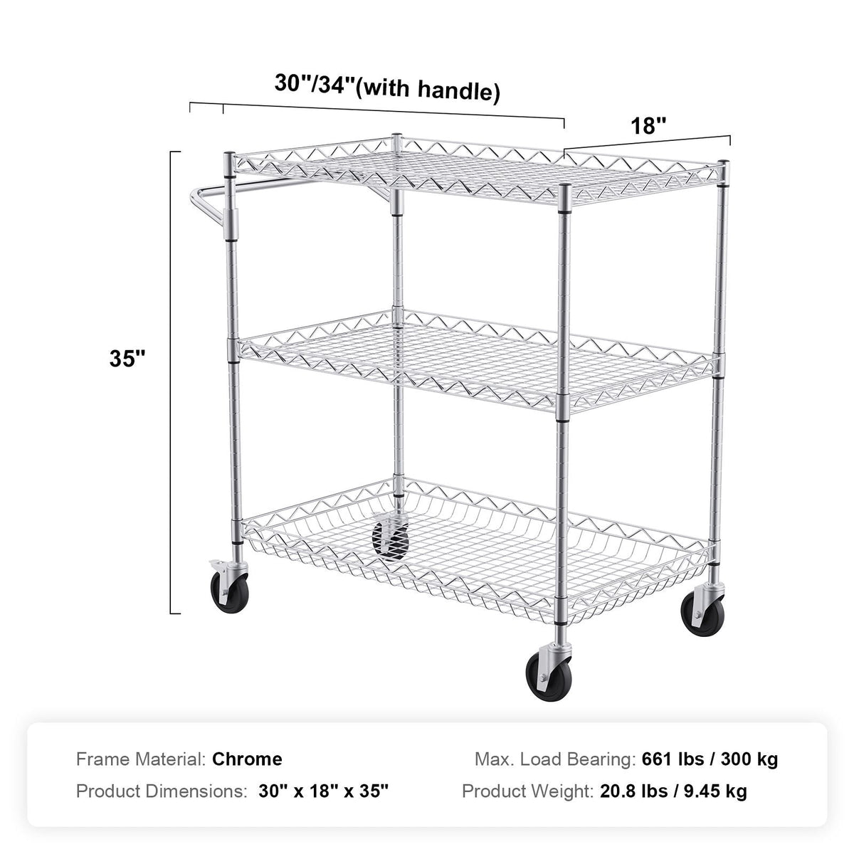 Kitchen Utility Cart, 3 Tiers, Wire Rolling Cart with 661LBS Capacity, Steel Service Cart on Wheels, Metal Storage Trolley with 80mm Deep Basket Curved Handle 6 Hooks, for Indoor and Outdoor Use