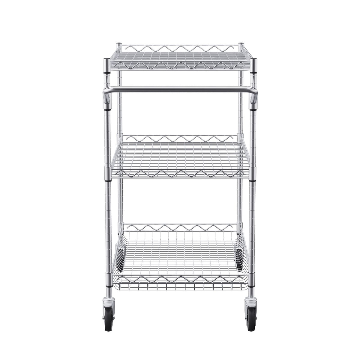 Kitchen Utility Cart, 3 Tiers, Wire Rolling Cart with 661LBS Capacity, Steel Service Cart on Wheels, Metal Storage Trolley with 80mm Deep Basket Curved Handle 6 Hooks, for Indoor and Outdoor Use