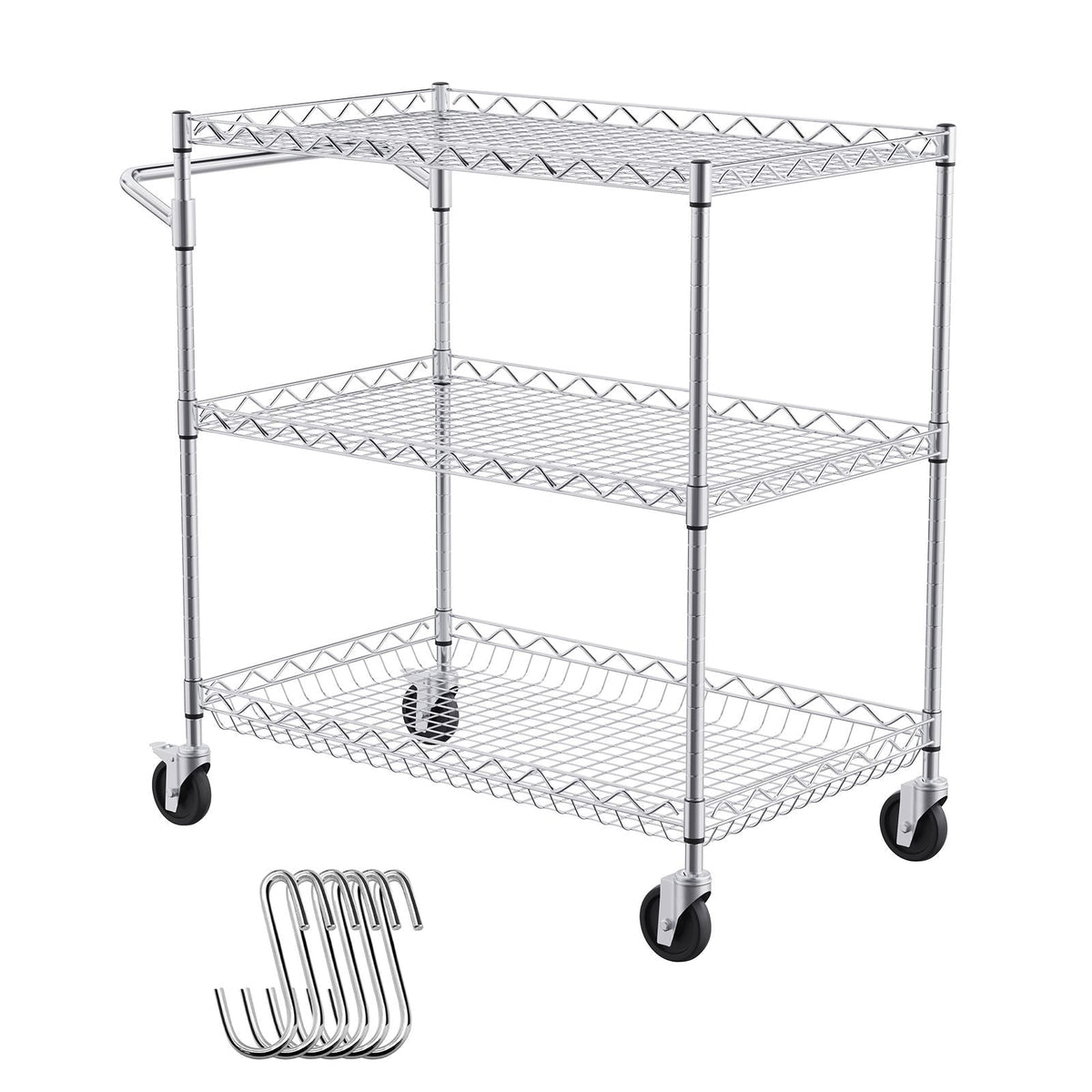 Kitchen Utility Cart, 3 Tiers, Wire Rolling Cart with 661LBS Capacity, Steel Service Cart on Wheels, Metal Storage Trolley with 80mm Deep Basket Curved Handle 6 Hooks, for Indoor and Outdoor Use