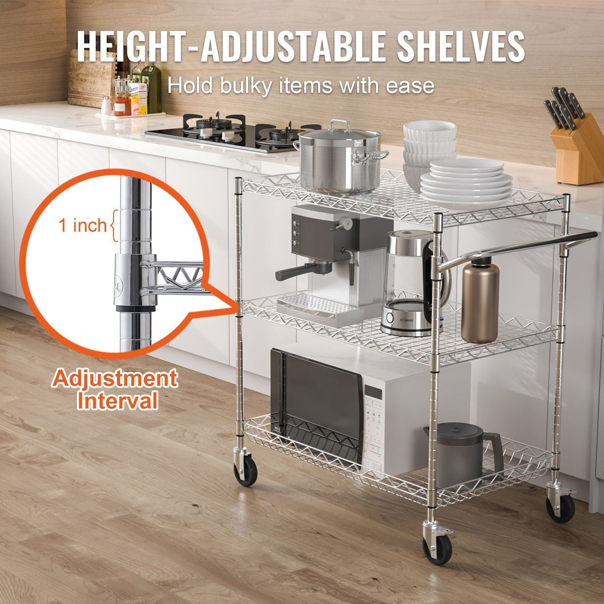 Kitchen Utility Cart, 3 Tiers, Wire Rolling Cart with 661LBS Capacity, Steel Service Cart on Wheels, Metal Storage Trolley with 80mm Deep Basket Curved Handle 6 Hooks, for Indoor and Outdoor Use