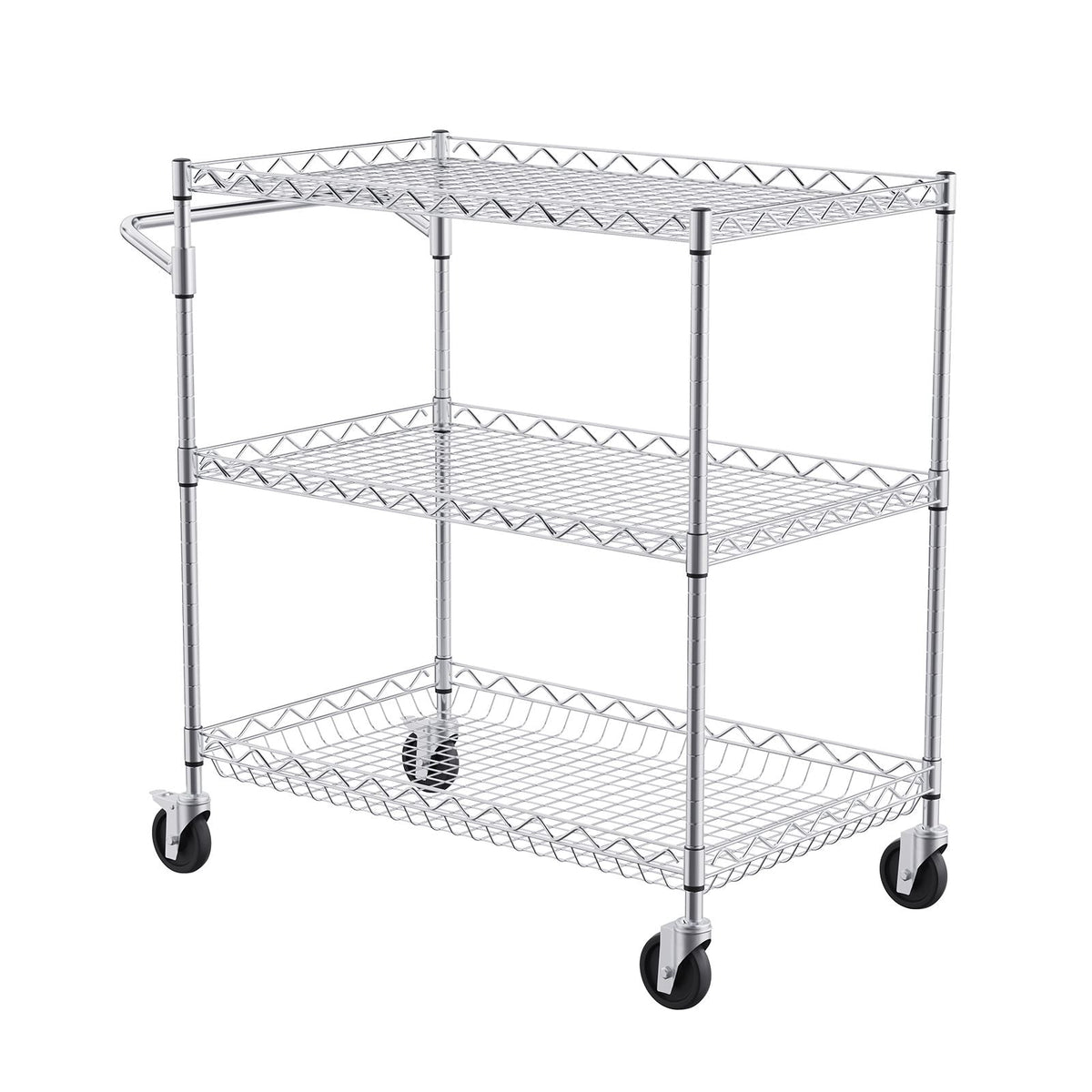 Kitchen Utility Cart, 3 Tiers, Wire Rolling Cart with 661LBS Capacity, Steel Service Cart on Wheels, Metal Storage Trolley with 80mm Deep Basket Curved Handle 6 Hooks, for Indoor and Outdoor Use