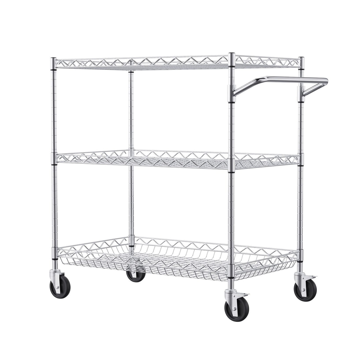 Kitchen Utility Cart, 3 Tiers, Wire Rolling Cart with 661LBS Capacity, Steel Service Cart on Wheels, Metal Storage Trolley with 80mm Deep Basket Curved Handle 6 Hooks, for Indoor and Outdoor Use