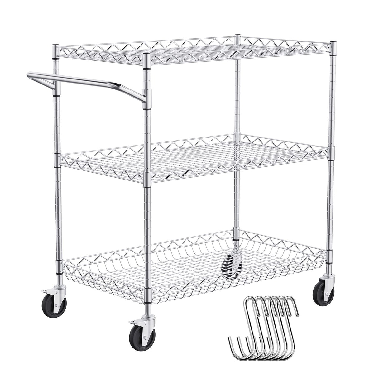 Kitchen Utility Cart, 3 Tiers, Wire Rolling Cart with 661LBS Capacity, Steel Service Cart on Wheels, Metal Storage Trolley with 80mm Deep Basket Curved Handle 6 Hooks, for Indoor and Outdoor Use