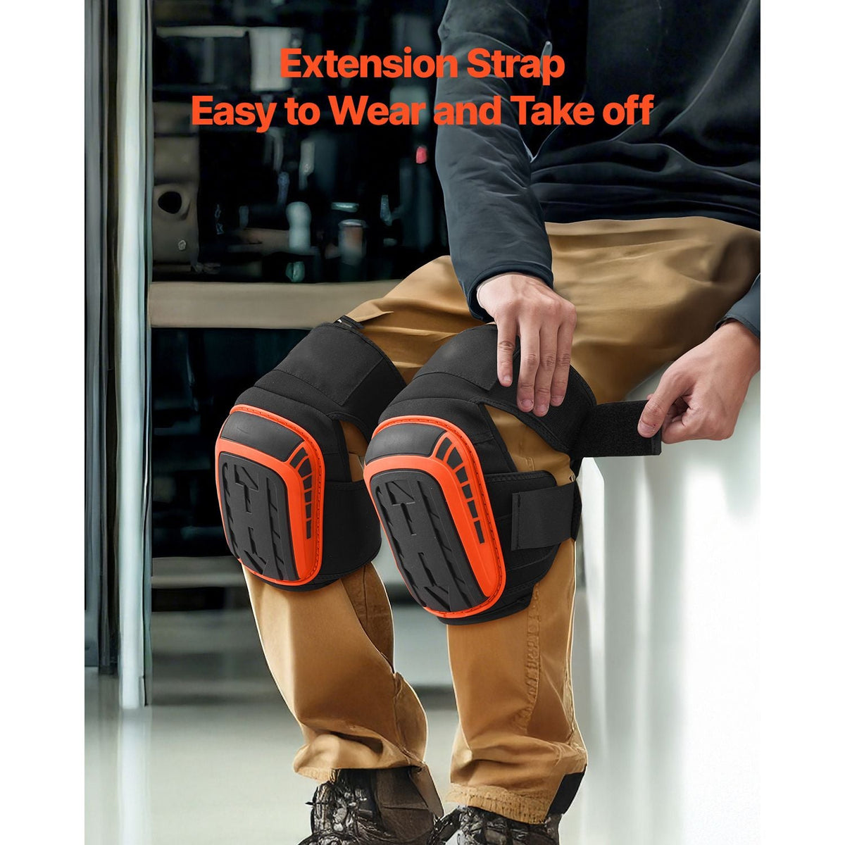 Knee Pads for Work, Extended Heavy Duty Construction Knee Pads with 2 Extension Straps, Anti-slip Foam Gel Knee Pads, Men & Women, for Gardening Flooring Roofing and Cleaning, Black and Orange