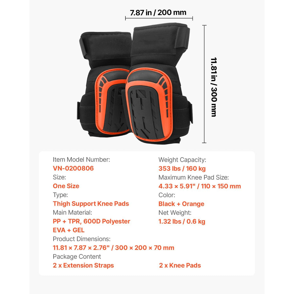 Knee Pads for Work, Extended Heavy Duty Construction Knee Pads with 2 Extension Straps, Anti-slip Foam Gel Knee Pads, Men & Women, for Gardening Flooring Roofing and Cleaning, Black and Orange