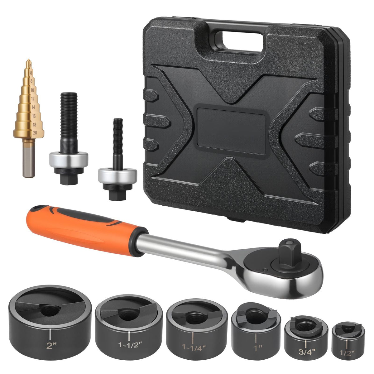 Knockout Punch Set, 1/2 to 2 inch SLUG-Buster Ratchet Knockout Set, Ratchet Wrench Knockouts Punch Sets for Aluminum, Mild steel, Fiberglass, Plastics, 6 Die Sizes, 40Cr Steel Ko Tool Kit