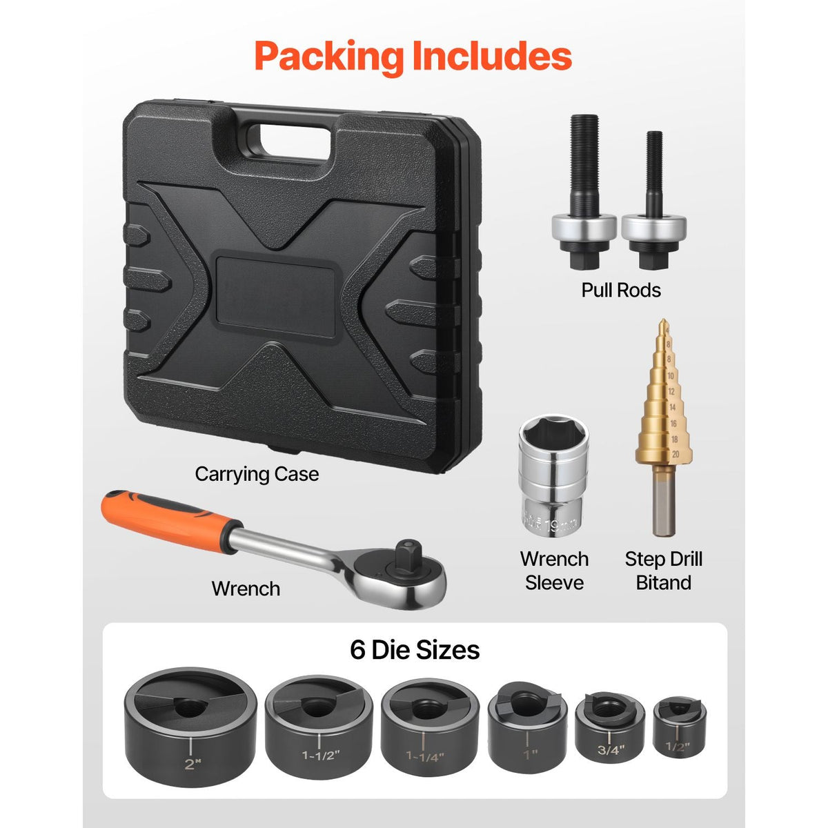 Knockout Punch Set, 1/2 to 2 inch SLUG-Buster Ratchet Knockout Set, Ratchet Wrench Knockouts Punch Sets for Aluminum, Mild steel, Fiberglass, Plastics, 6 Die Sizes, 40Cr Steel Ko Tool Kit