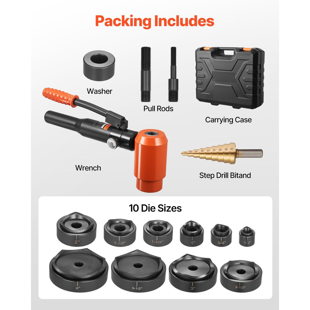 Knockout Punch Set, 15 Ton Hydraulic Knockout Set, 1/2" to 4" KO Tool Kit Hole Making Tool, KO Tools Kit W/10 Dies for Metal Electrical Cabinets, Electrical Control Cabinets, Switch Cabinets