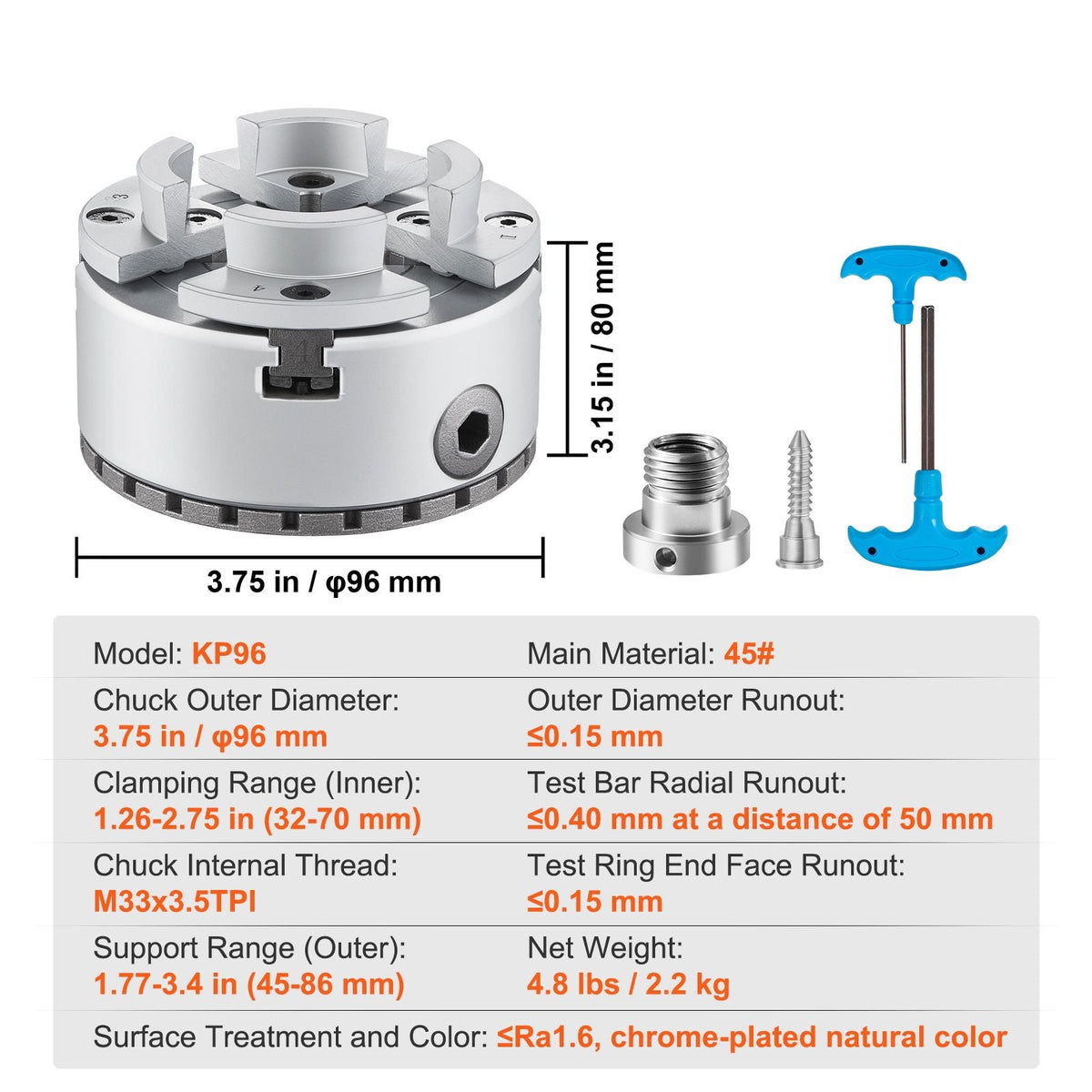 KP96 Lathe Chuck, 4-Jaw 3.75" Diameter, Metal Lathe Chuck Turning Machine Accessories, Self-centering Tool, for Lathe, Precision Machining, Grinding Machines, Milling Machines