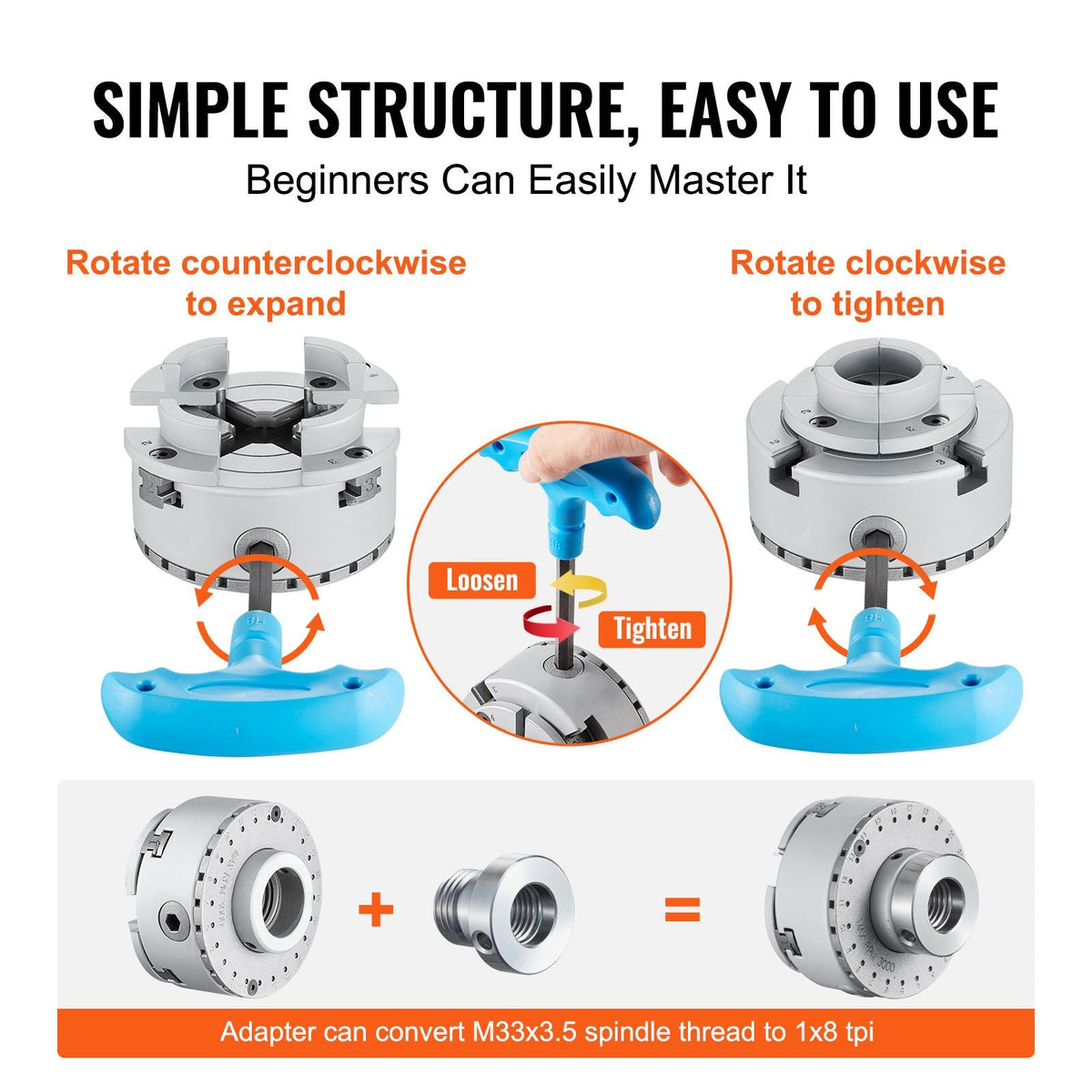 KP965 Lathe Chuck, 4-Jaw 3.75" Diameter, Metal Lathe Chuck Turning Machine Accessories with 5 Sets of Jaws, Self-centering Tool, for Precision Machining, Grinding Machines, Milling Machines