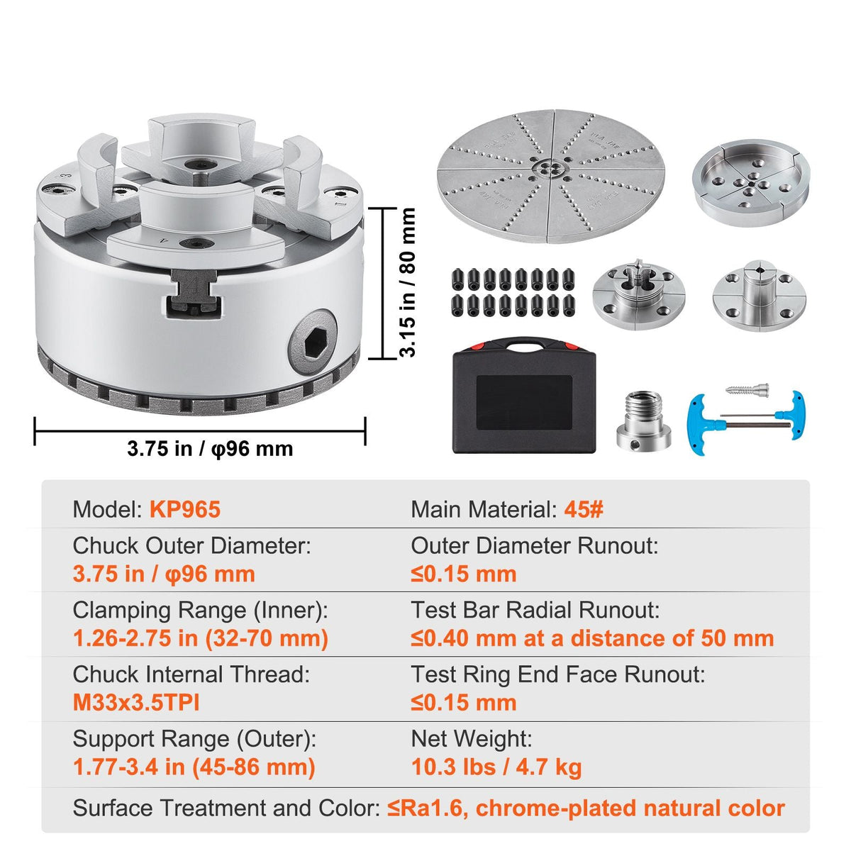 KP965 Lathe Chuck, 4-Jaw 3.75" Diameter, Metal Lathe Chuck Turning Machine Accessories with 5 Sets of Jaws, Self-centering Tool, for Precision Machining, Grinding Machines, Milling Machines