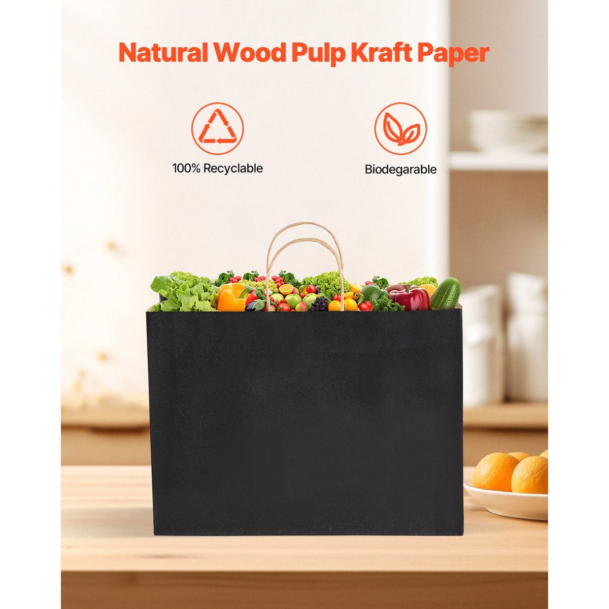 Kraft Paper Bags with Handles, 100Pcs 16 x 6 x 12 in, Large Paper Grocery Bags, Reusable & 100% Recycled Take-Out Sacks, Plain Party Bag Bulk for Birthday, Wedding, Business, Goody, Black