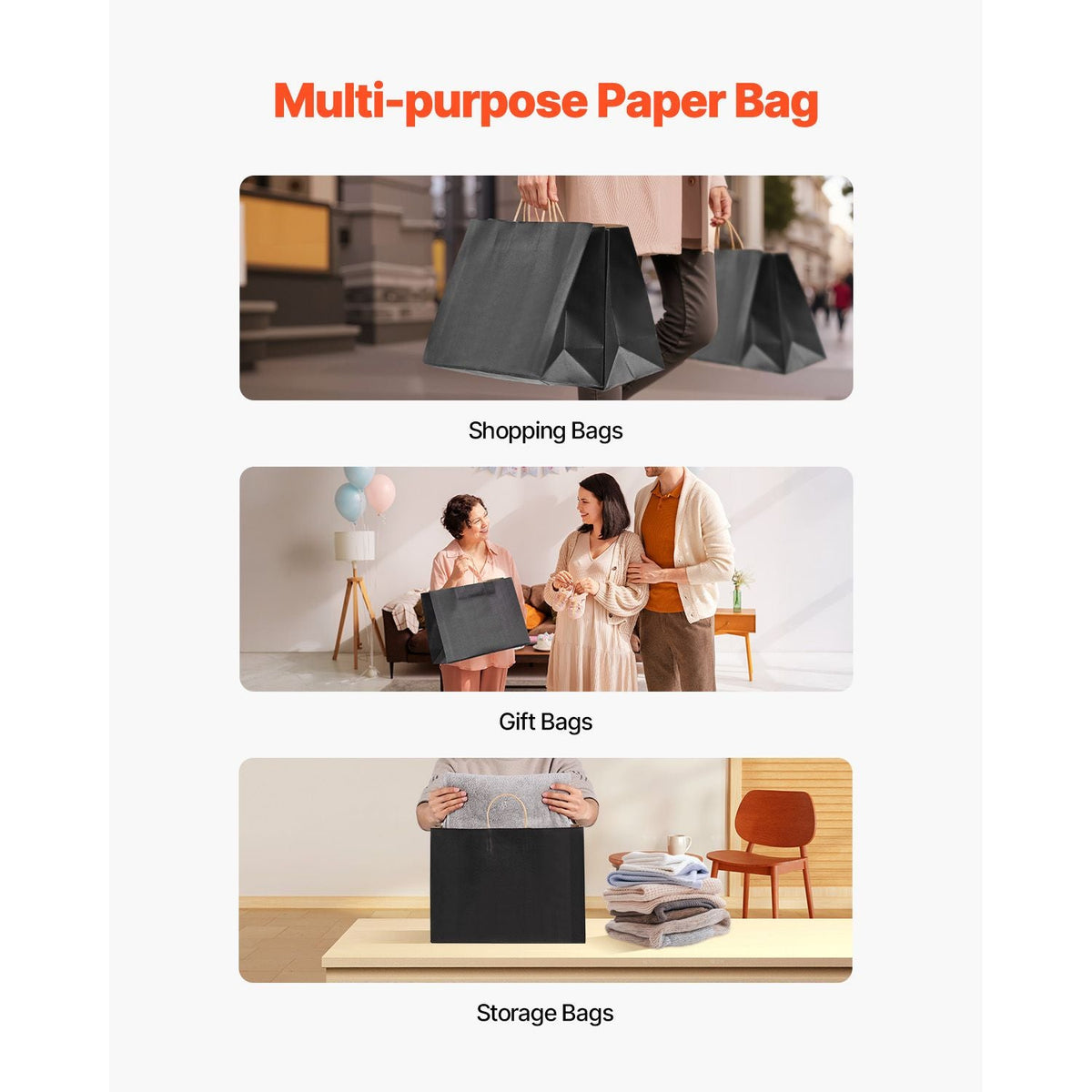 Kraft Paper Bags with Handles, 100Pcs 16 x 6 x 12 in, Large Paper Grocery Bags, Reusable & 100% Recycled Take-Out Sacks, Plain Party Bag Bulk for Birthday, Wedding, Business, Goody, Black