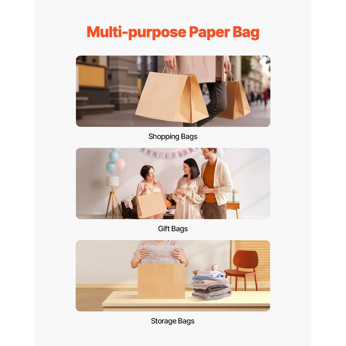Kraft Paper Bags with Handles, 100Pcs 16 x 6 x 12 in, Large Paper Grocery Bags, Reusable & Recycled Take-Out Sacks, Plain Party Bag Bulk for Birthday, Wedding, Business, Goody, Brown