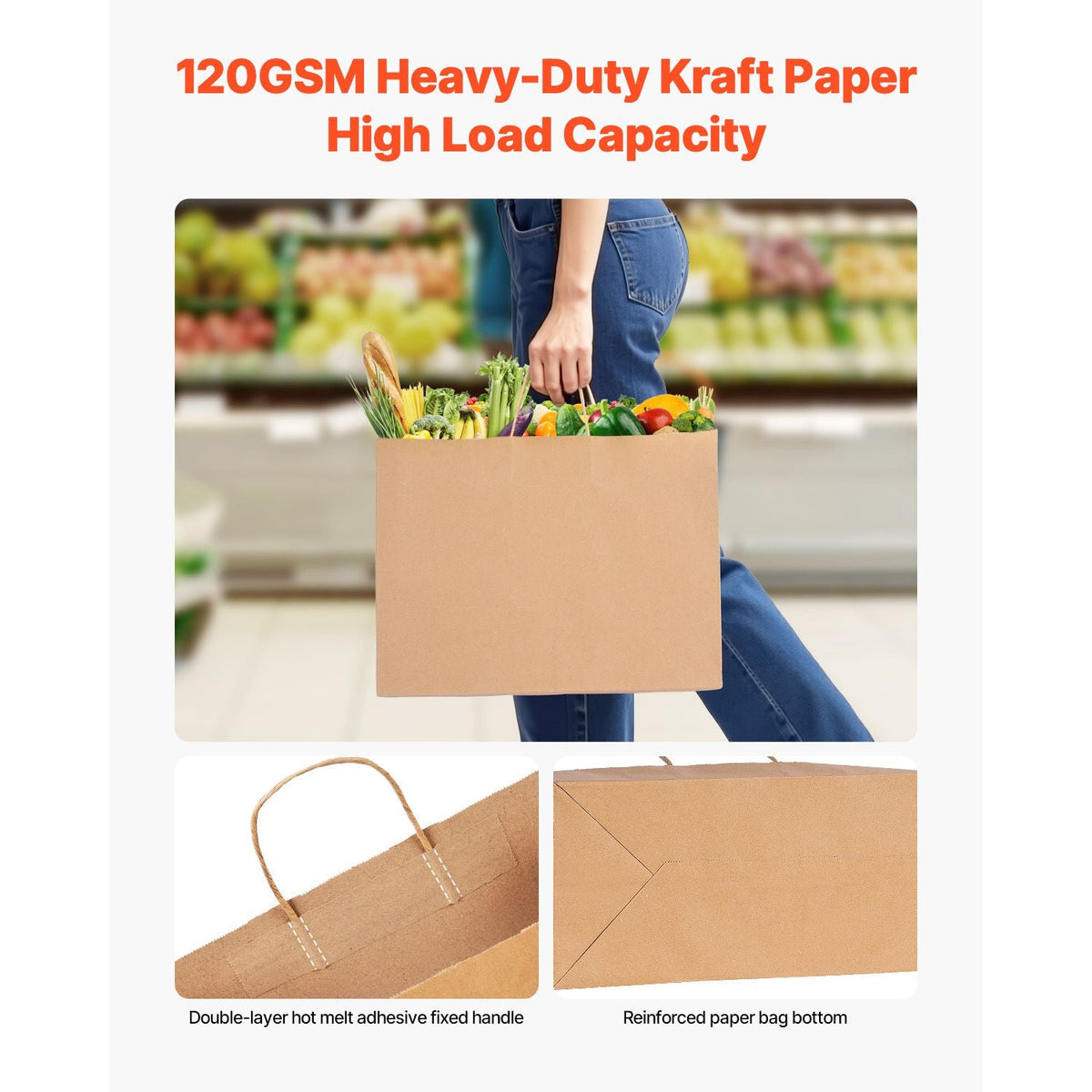 Kraft Paper Bags with Handles, 100Pcs 16 x 6 x 12 in, Large Paper Grocery Bags, Reusable & Recycled Take-Out Sacks, Plain Party Bag Bulk for Birthday, Wedding, Business, Goody, Brown