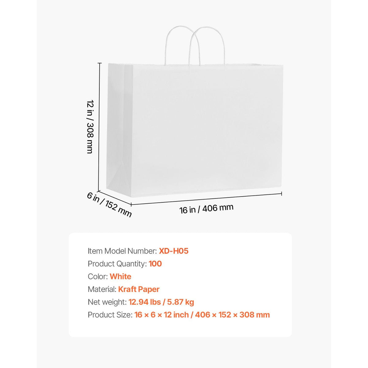 Kraft Paper Bags with Handles, 100Pcs 16 x 6 x 12 in, Large Paper Grocery Bags, Reusable & Recycled Take-Out Sacks, Plain Party Bag Bulk for Birthday, Wedding, Business, Goody, White