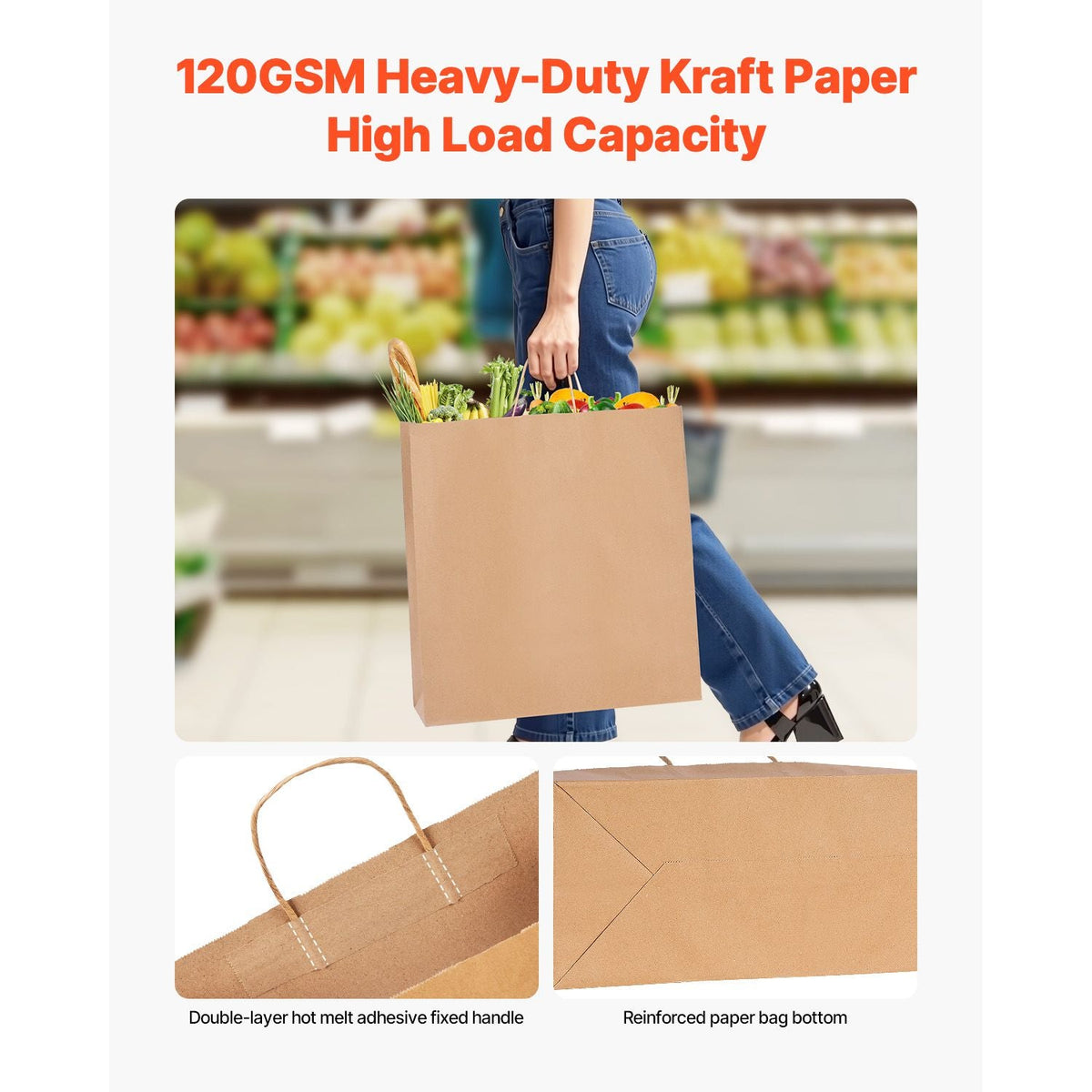 Kraft Paper Bags with Handles, 100Pcs 18 x 7 x 19 in, Large Paper Grocery Bags, Reusable & 100% Recycled Take-Out Sacks, Plain Party Bag Bulk for Birthday, Wedding, Business, Goody, Brown
