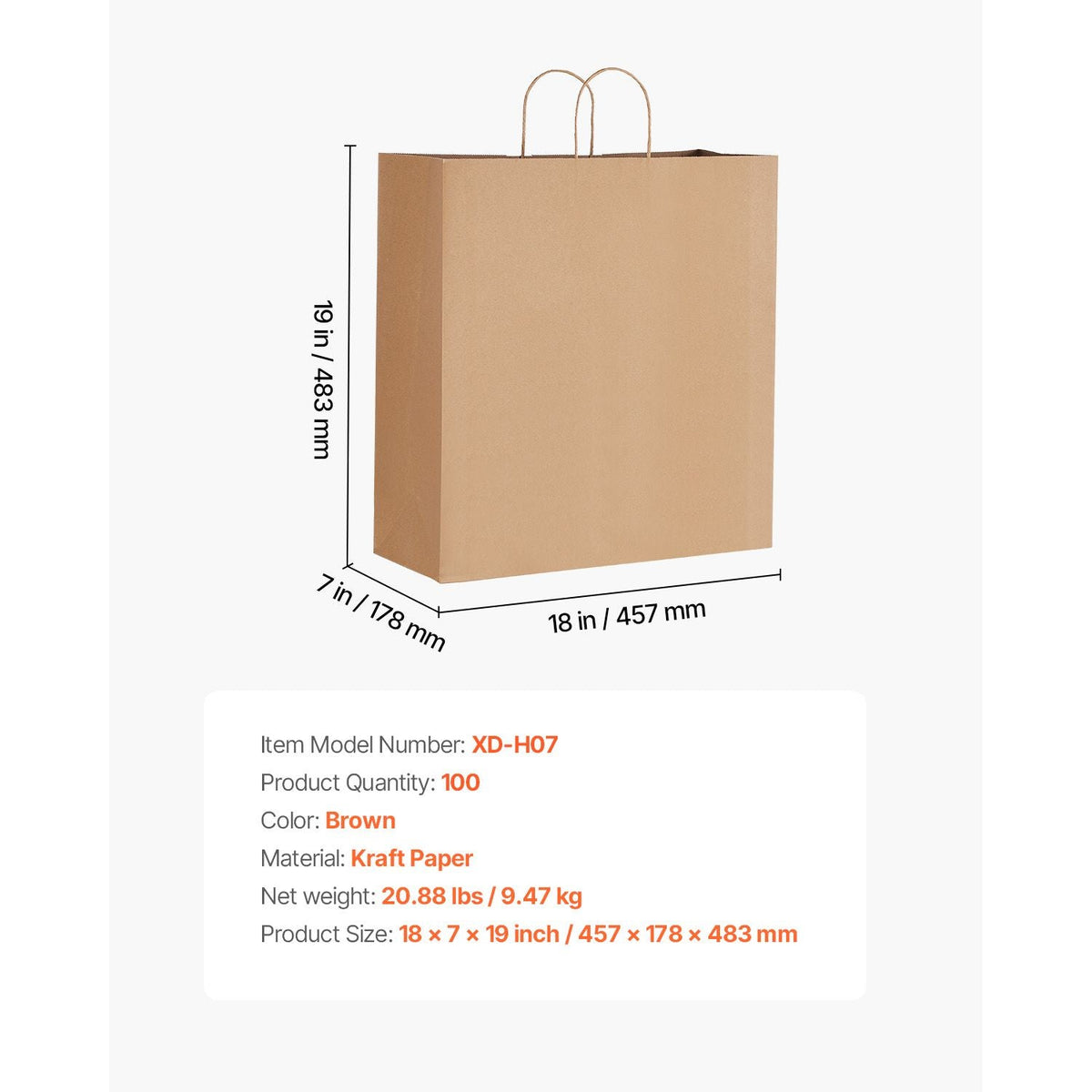 Kraft Paper Bags with Handles, 100Pcs 18 x 7 x 19 in, Large Paper Grocery Bags, Reusable & 100% Recycled Take-Out Sacks, Plain Party Bag Bulk for Birthday, Wedding, Business, Goody, Brown