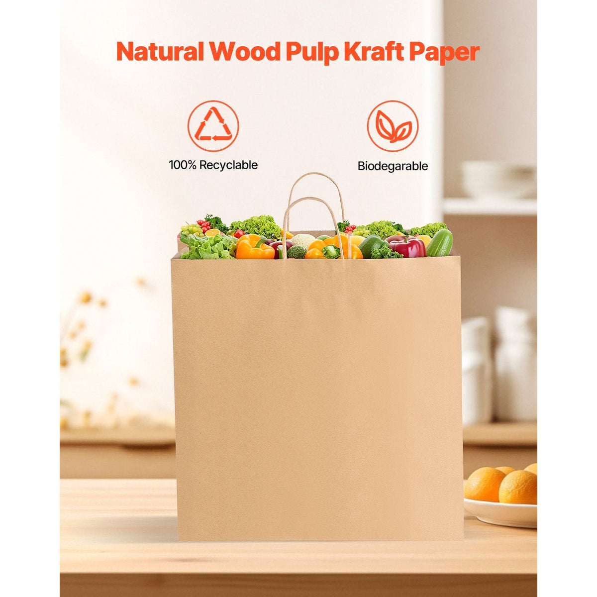 Kraft Paper Bags with Handles, 100Pcs 18 x 7 x 19 in, Large Paper Grocery Bags, Reusable & 100% Recycled Take-Out Sacks, Plain Party Bag Bulk for Birthday, Wedding, Business, Goody, Brown