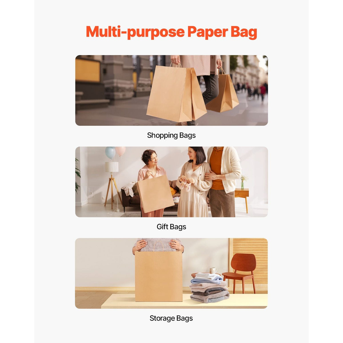 Kraft Paper Bags with Handles, 100Pcs 18 x 7 x 19 in, Large Paper Grocery Bags, Reusable & 100% Recycled Take-Out Sacks, Plain Party Bag Bulk for Birthday, Wedding, Business, Goody, Brown