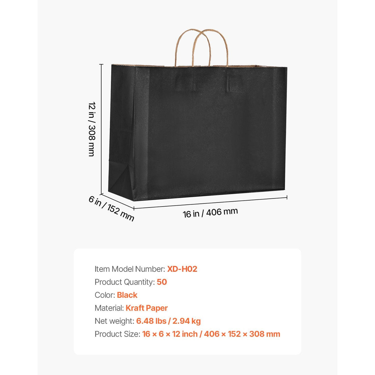 Kraft Paper Bags with Handles, 50Pcs 16 x 6 x 12 in, Large Paper Grocery Bags, Reusable & Recycled Take-Out Sacks, Plain Party Bag Bulk for Birthday, Wedding, Business, Goody, Black