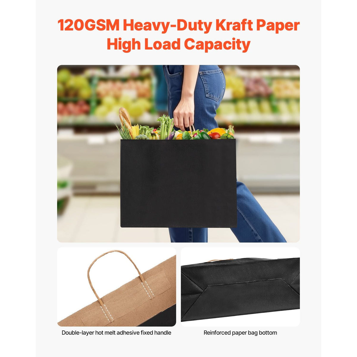 Kraft Paper Bags with Handles, 50Pcs 16 x 6 x 12 in, Large Paper Grocery Bags, Reusable & Recycled Take-Out Sacks, Plain Party Bag Bulk for Birthday, Wedding, Business, Goody, Black