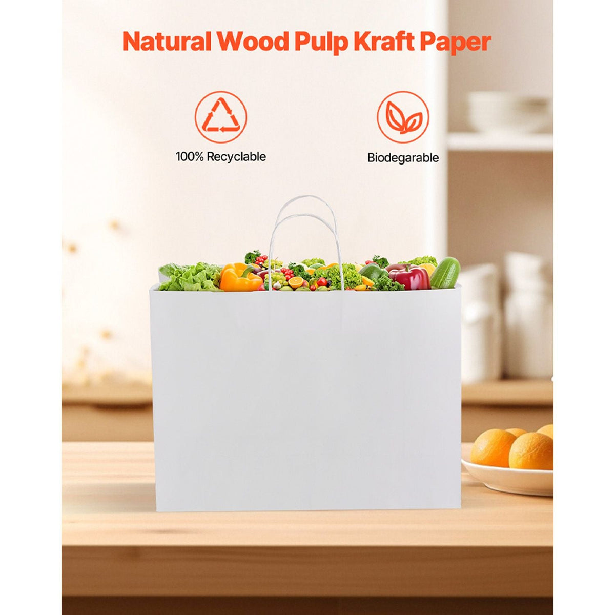 Kraft Paper Bags with Handles, 50Pcs 16 x 6 x 12 in, Large Paper Grocery Bags, Reusable & Recycled Take-Out Sacks, Plain Party Bag Bulk for Birthday, Wedding, Business, Goody, White