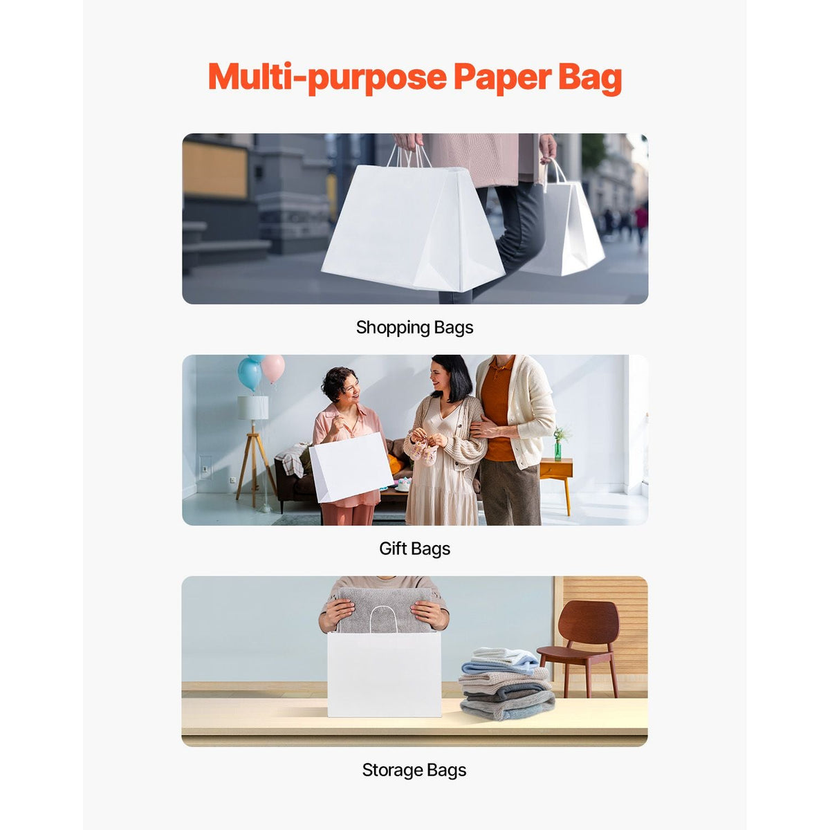 Kraft Paper Bags with Handles, 50Pcs 16 x 6 x 12 in, Large Paper Grocery Bags, Reusable & Recycled Take-Out Sacks, Plain Party Bag Bulk for Birthday, Wedding, Business, Goody, White