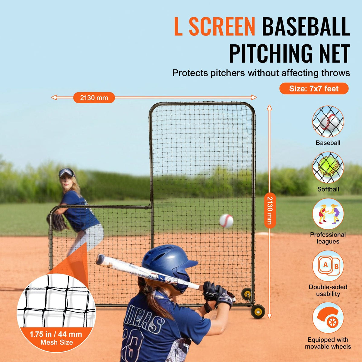 L Screen Baseball for Batting Cage, 7x7 ft Softball Safety Screen, Body Protector Portable Batting Screen with Carry Bag, Wheels, Ground Stakes, Heavy Duty Pitching Net for Pitchers Protection
