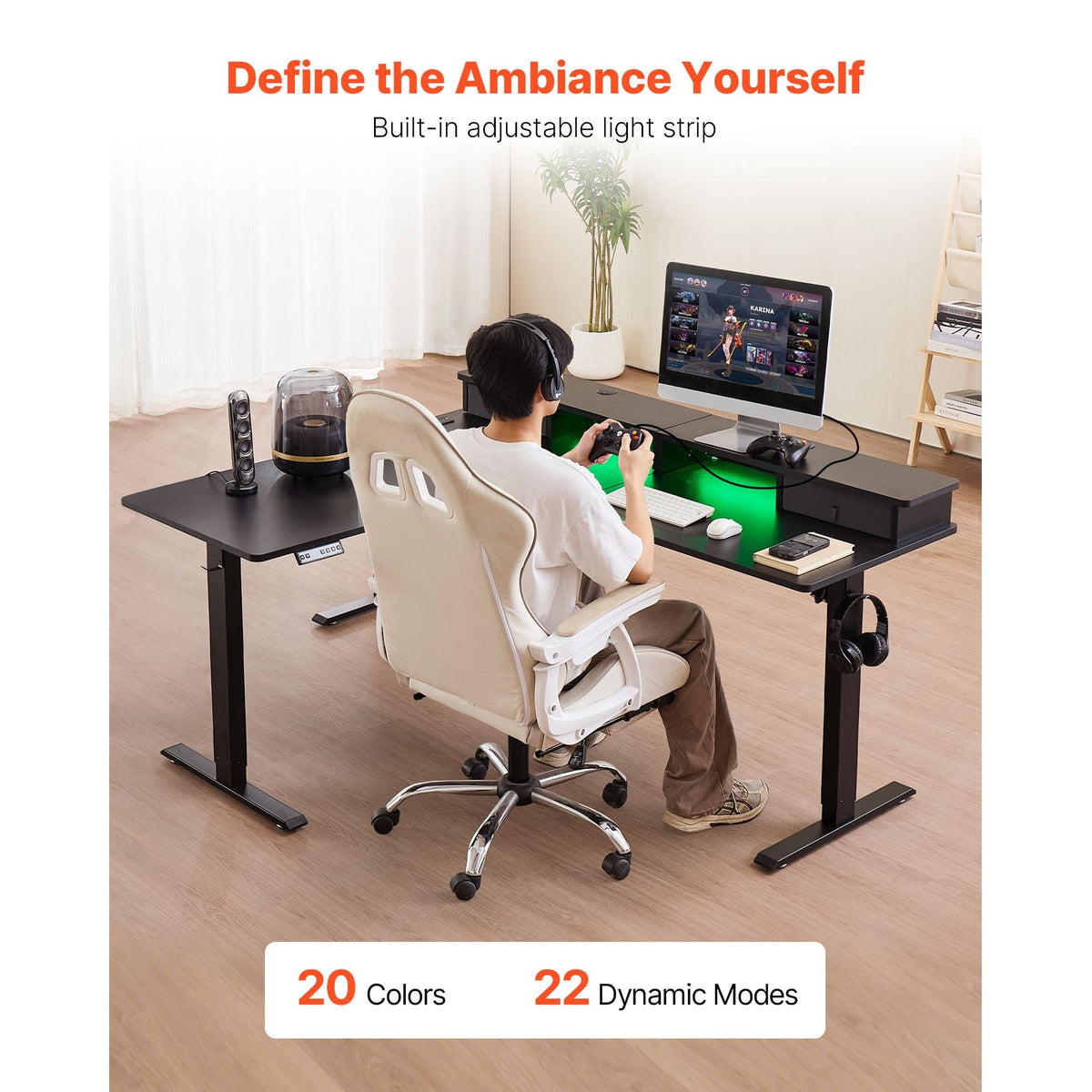 L Shaped Desk, Electric Adjustable Height Corner Gaming Desk with CPU Stand, Dual Hooks and Fabric Drawers, L-Shaped Computer Table with Light Strip for Home Office, Easy to Assemble, Black