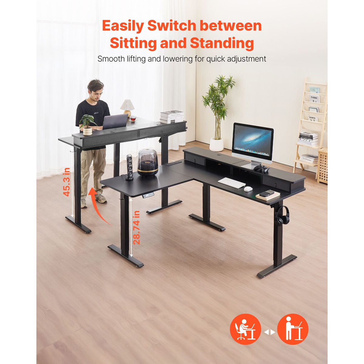 L Shaped Desk, Electric Adjustable Height Corner Gaming Desk with CPU Stand, Dual Hooks and Fabric Drawers, L-Shaped Computer Table with Light Strip for Home Office, Easy to Assemble, Black