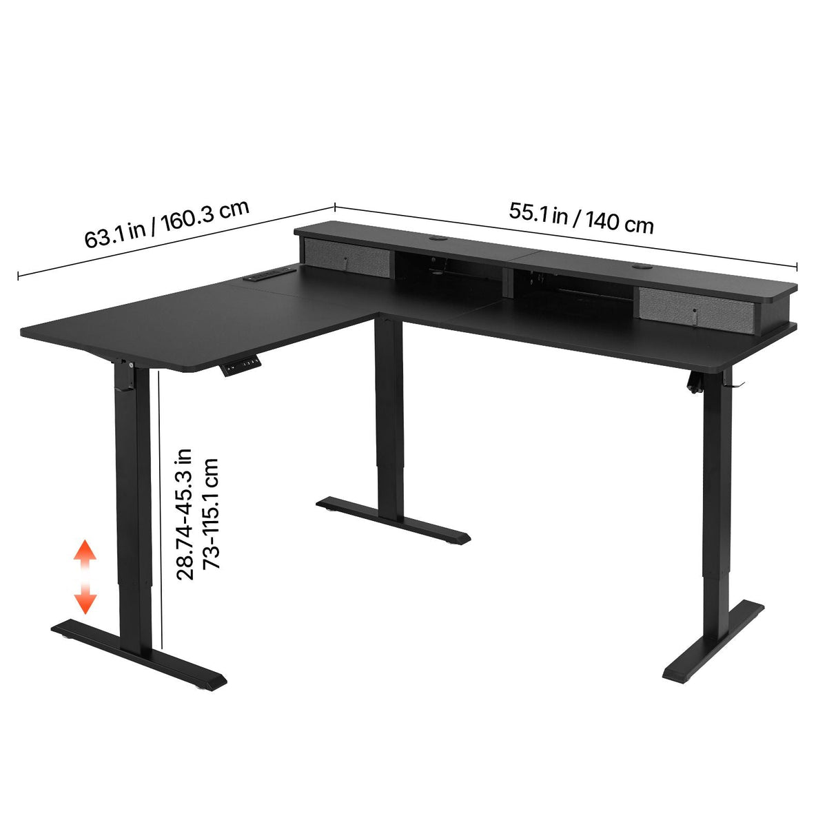 L Shaped Desk, Electric Adjustable Height Corner Gaming Desk with CPU Stand, Dual Hooks and Fabric Drawers, L-Shaped Computer Table with Light Strip for Home Office, Easy to Assemble, Black
