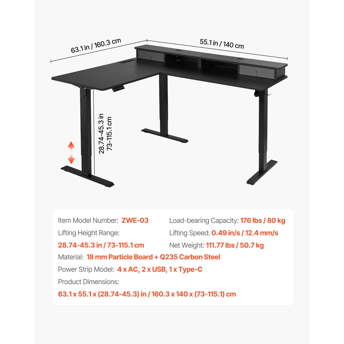 L Shaped Desk, Electric Adjustable Height Corner Gaming Desk with CPU Stand, Dual Hooks and Fabric Drawers, L-Shaped Computer Table with Light Strip for Home Office, Easy to Assemble, Black