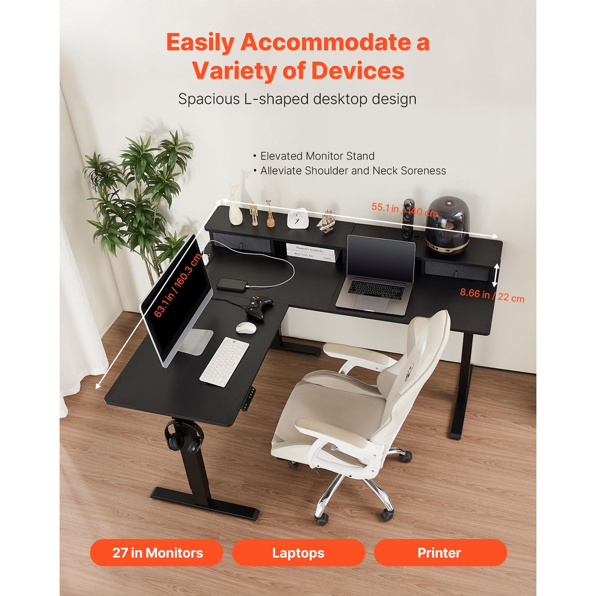 L Shaped Desk, Electric Adjustable Height Corner Gaming Desk with CPU Stand, Dual Hooks and Fabric Drawers, L-Shaped Computer Table with Light Strip for Home Office, Easy to Assemble, Black