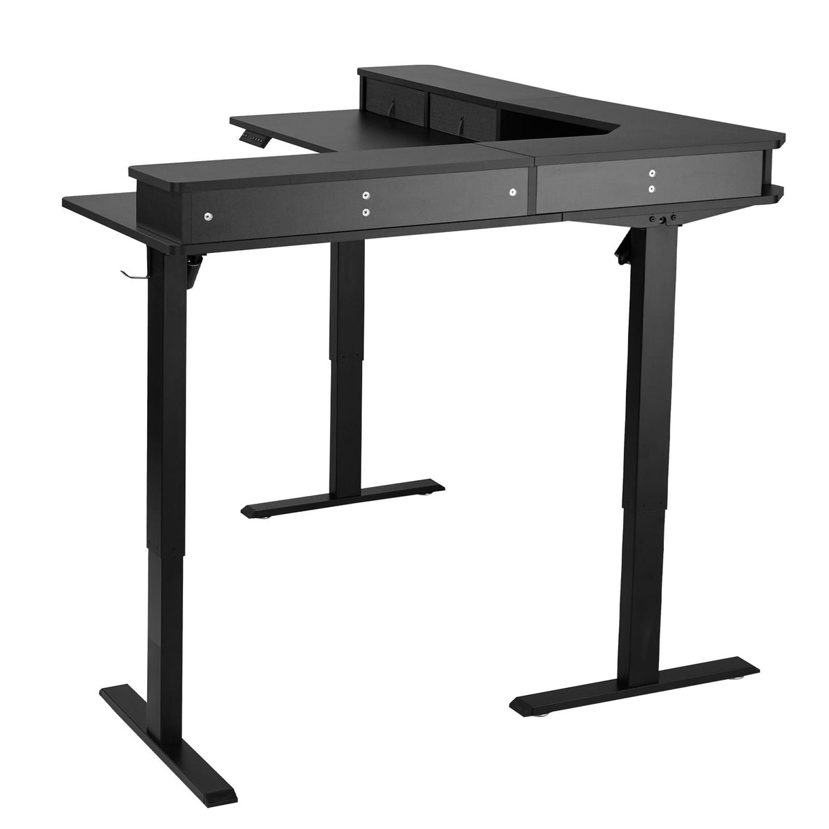 L Shaped Desk, Electric Adjustable Height Corner Gaming Desk with CPU Stands, Dual Hooks and Fabric Drawers, L-Shaped Computer Table with Power Strip for Home Office, Easy to Assemble, Black