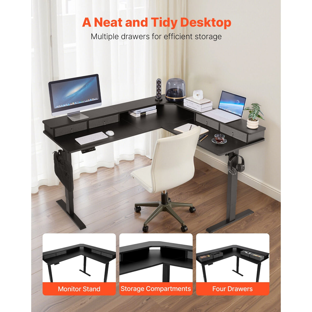 L Shaped Desk, Electric Adjustable Height Corner Gaming Desk with CPU Stands, Dual Hooks and Fabric Drawers, L-Shaped Computer Table with Power Strip for Home Office, Easy to Assemble, Black