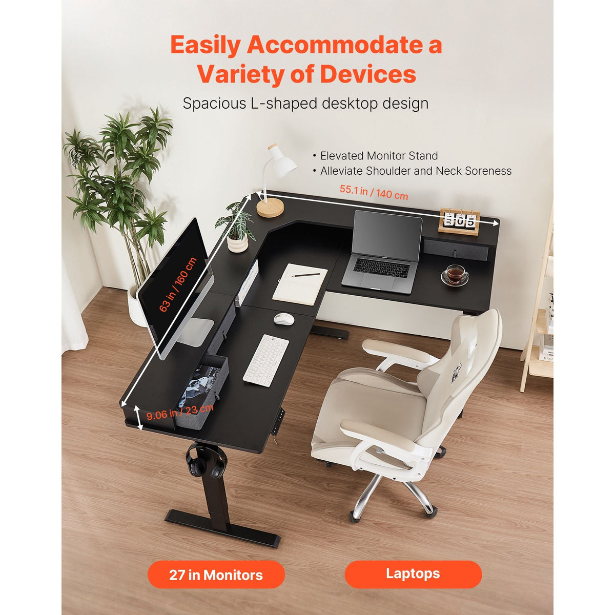 L Shaped Desk, Electric Adjustable Height Corner Gaming Desk with CPU Stands, Dual Hooks and Fabric Drawers, L-Shaped Computer Table with Power Strip for Home Office, Easy to Assemble, Black