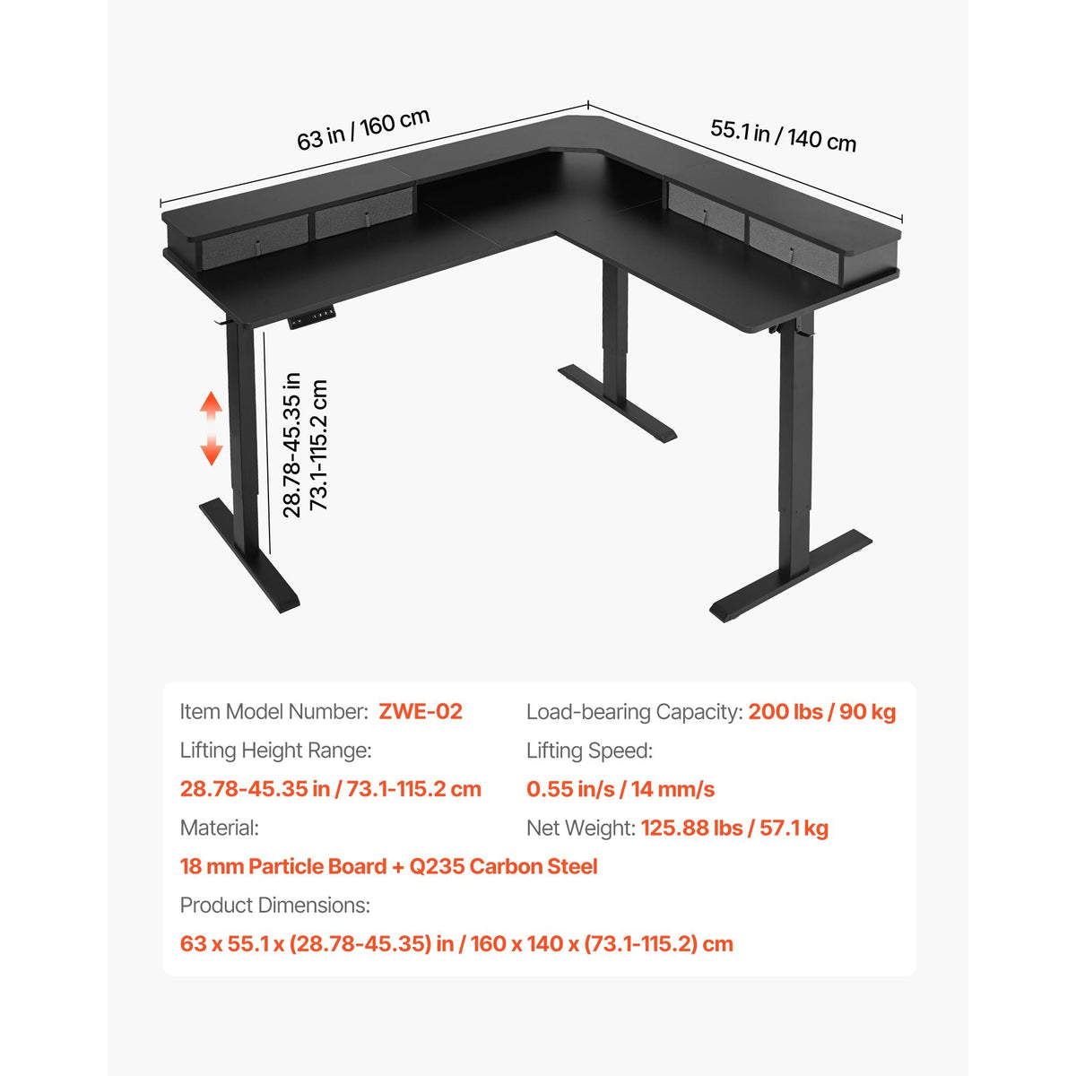 L Shaped Desk, Electric Adjustable Height Corner Gaming Desk with CPU Stands, Dual Hooks and Fabric Drawers, L-Shaped Computer Table with Power Strip for Home Office, Easy to Assemble, Black